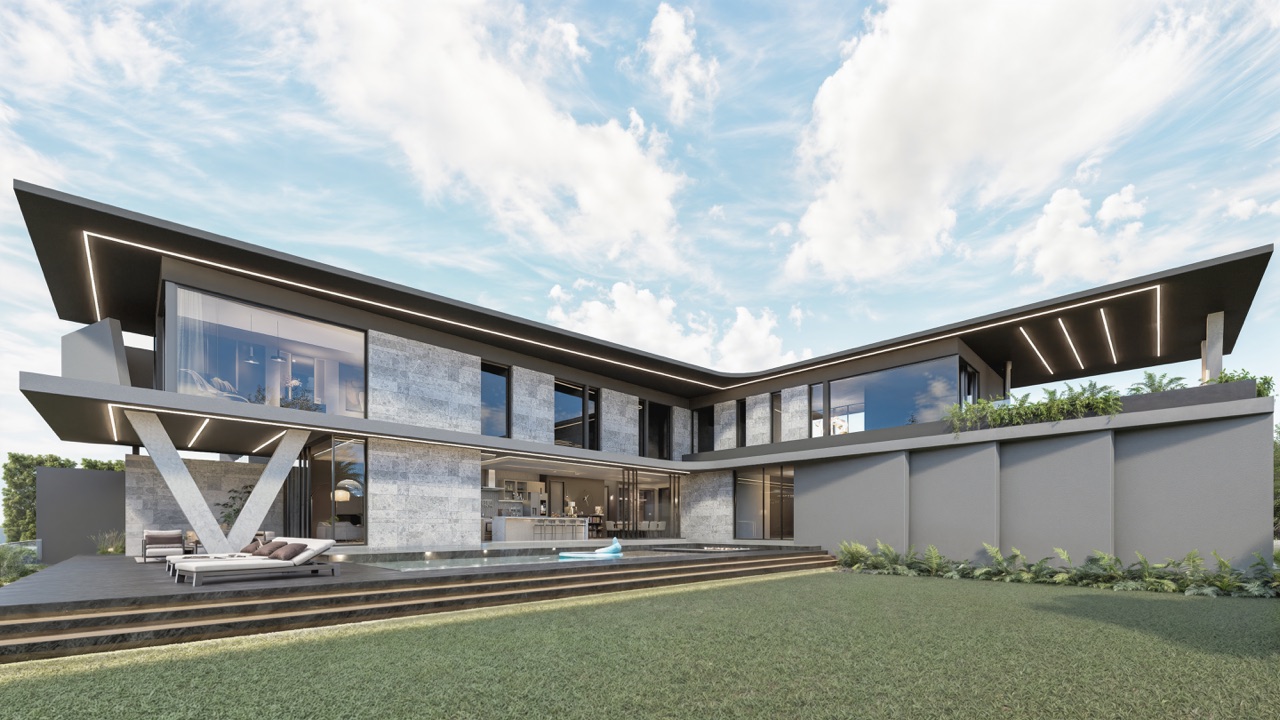 Villa 14 Steyn City, its signature V column and linear pool, artist's impression
